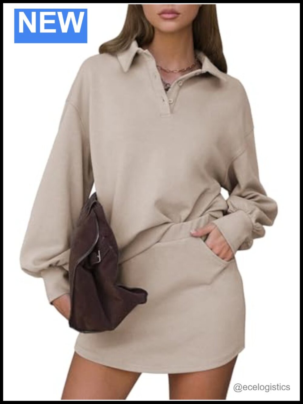 Cotton 2 Piece Skirt Set Long Sleeve Polo Skort Lounge